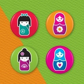 Japanese and Russian Dolls 4 Badge Set