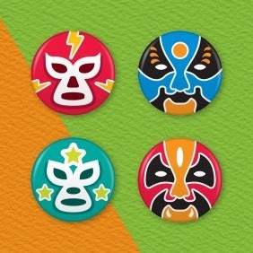 Chinese Opera & Mexican Wrestling Masks 4 Badge Set